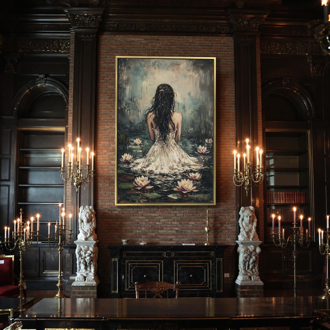 Woman In White Dress Standing In Misty Water Among Lilies Dark Art Poster - Image 2