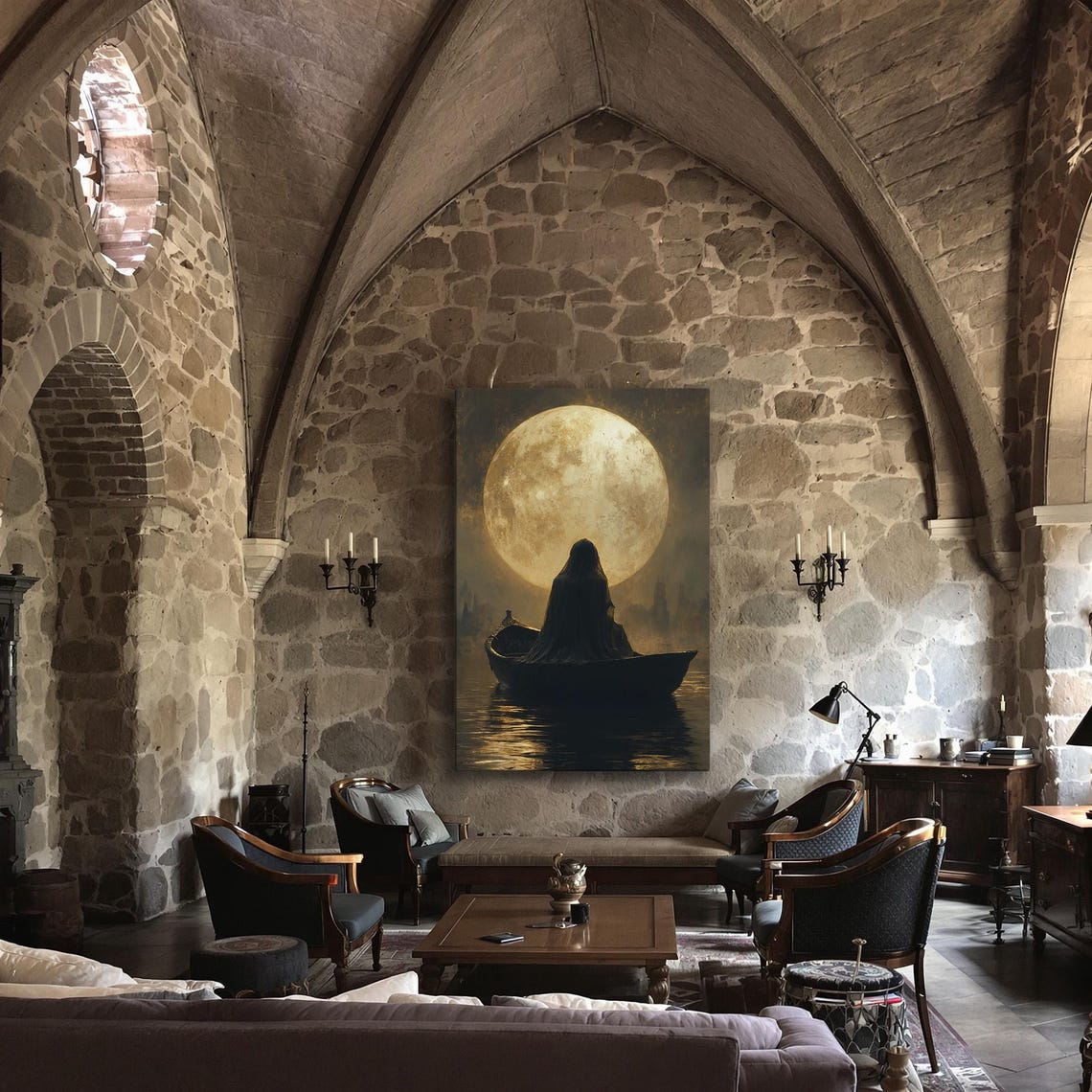 Cloaked Figure In Boat Beneath Giant Golden Moon Mist Poster - Image 3