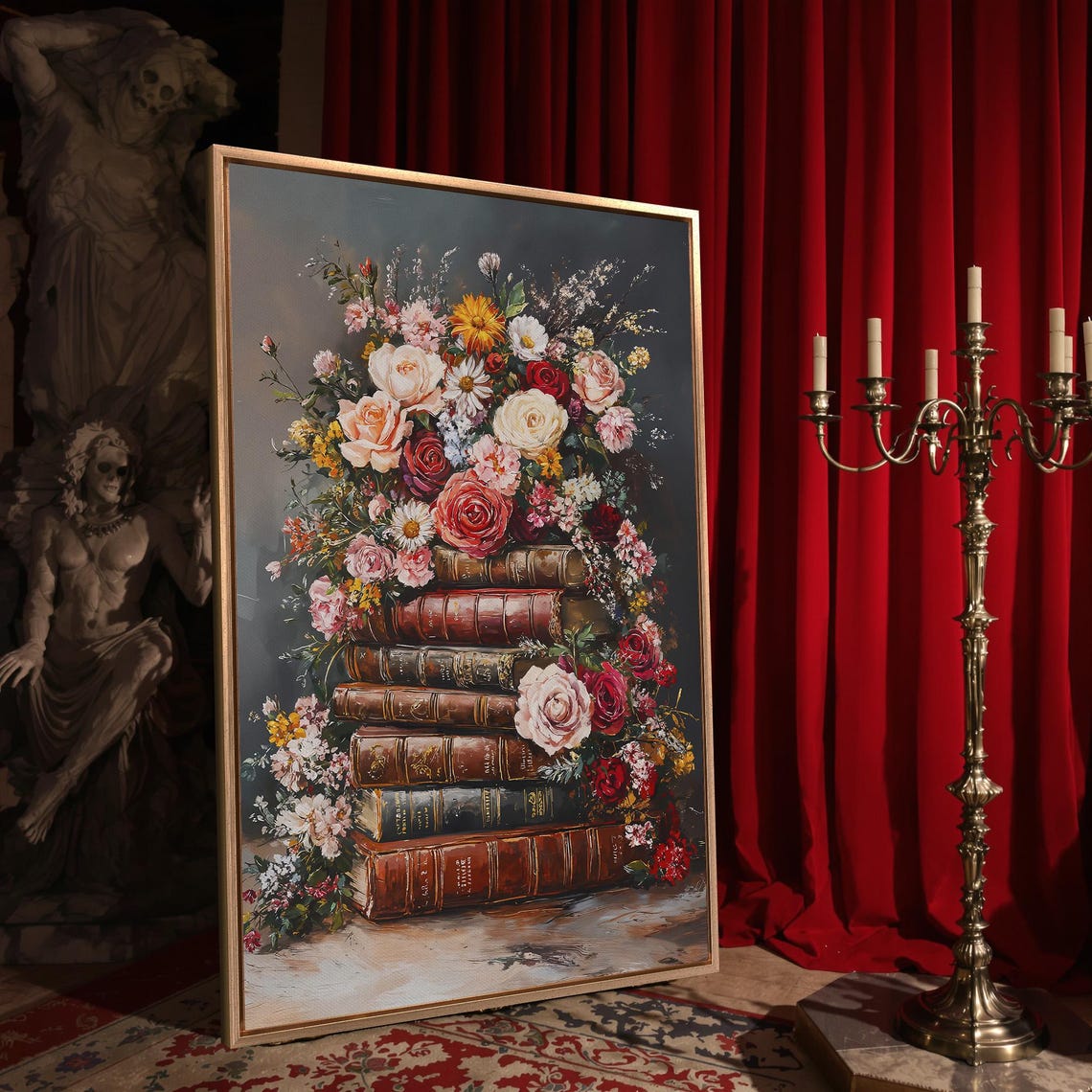 Antique Book Stack Topped With Lush Floral Bouquet Art Poster - Image 4