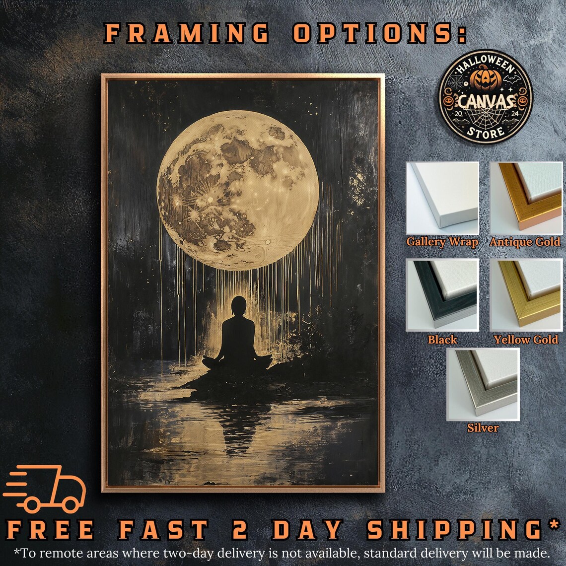 Meditating Figure Silhouette Under Golden Moon Dripping Gold Light Poster - Image 5