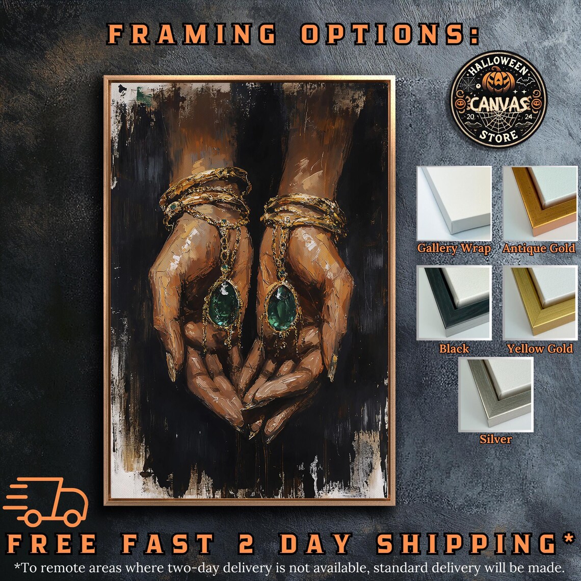 Elegant Hands Holding Emerald Green Jewelry Dark Painterly Gold Wall Poster - Image 5