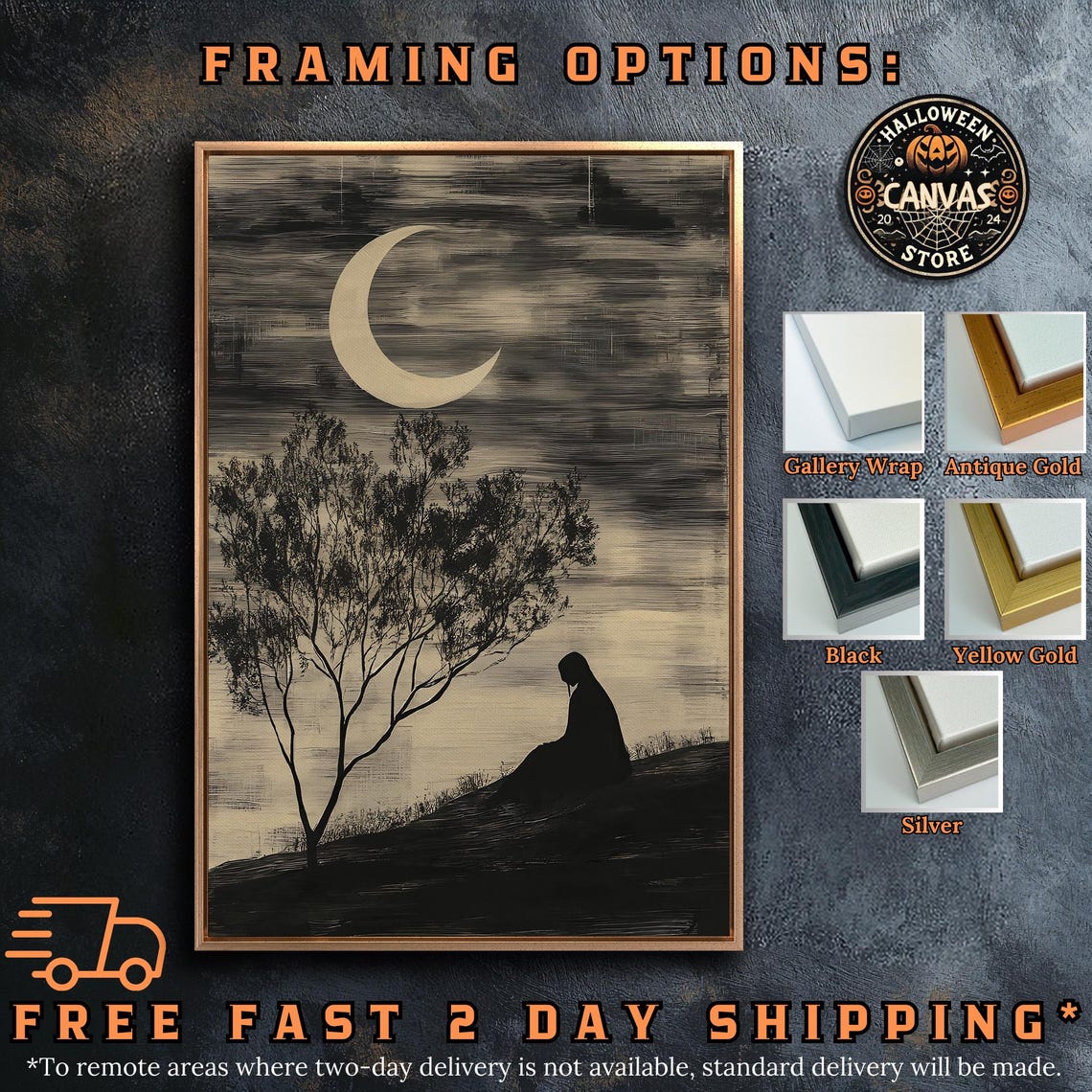 Seated Woman Silhouette Under Crescent Moon Sepia Night Art Poster - Image 5
