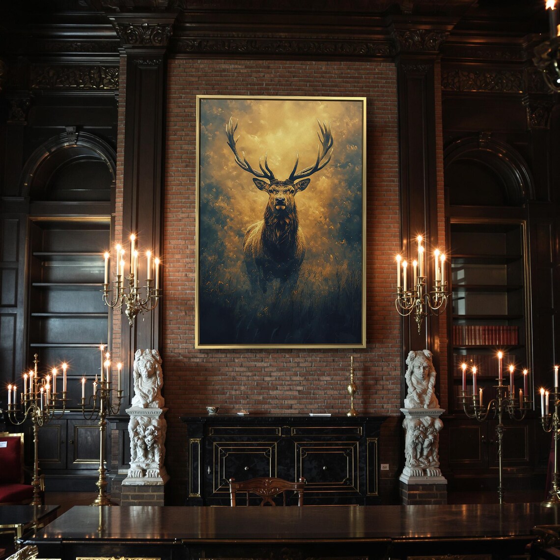 Majestic Stag Golden Antlers Smoky Amber Forest Wildlife Art Poster - Image 2