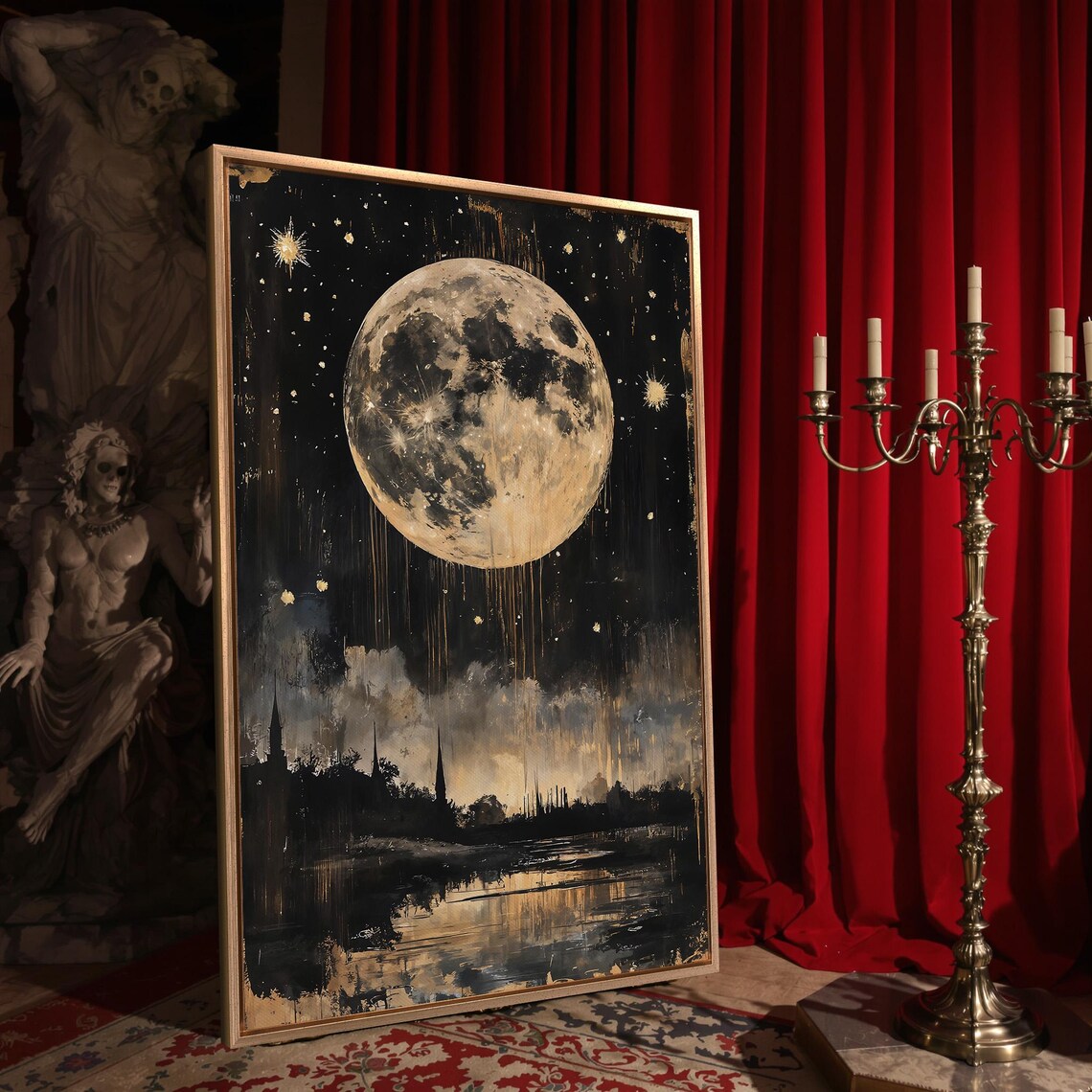 Giant Full Moon Over Dark City Skyline Reflection Black Gold Night Poster - Image 4