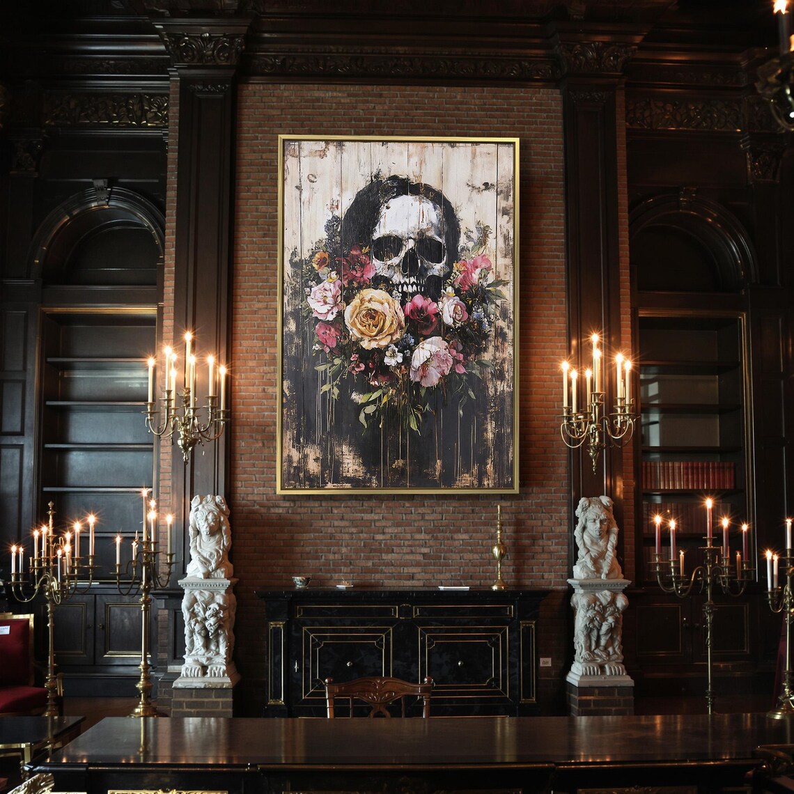Skull With Blooming Roses On Distressed Wood Dark Floral Gothic Poster - Image 2