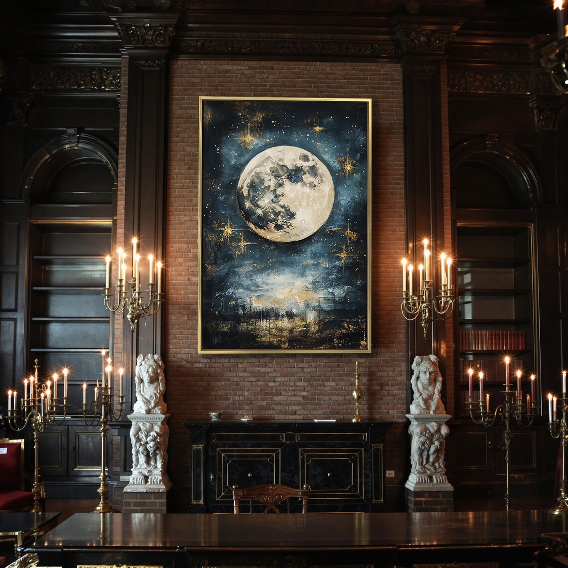 Full Moon Teal Starry Sky Golden Stars Cosmic Night Art Poster - Image 2