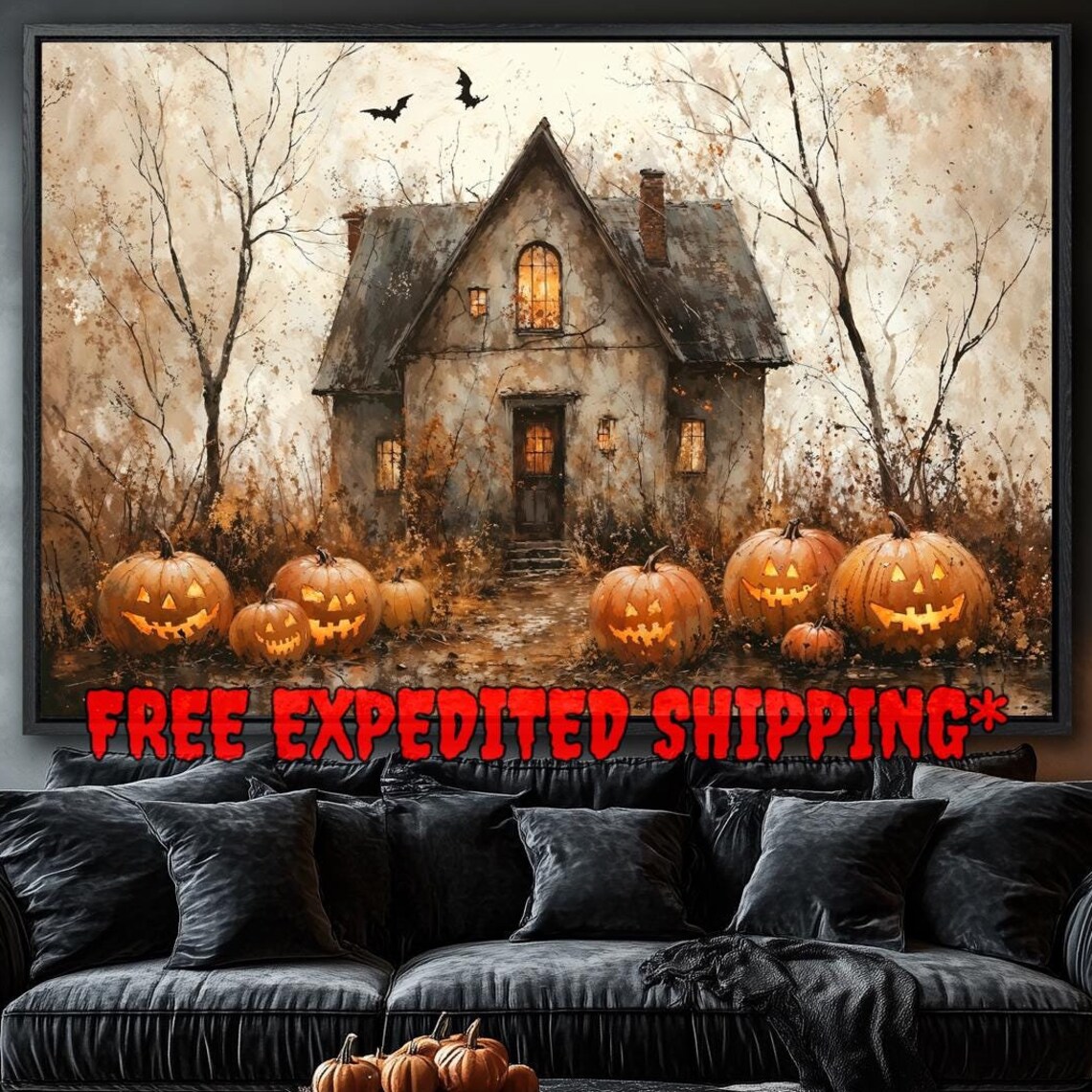 Halloween Haunted House Pumpkin Poster, Spooky Decor