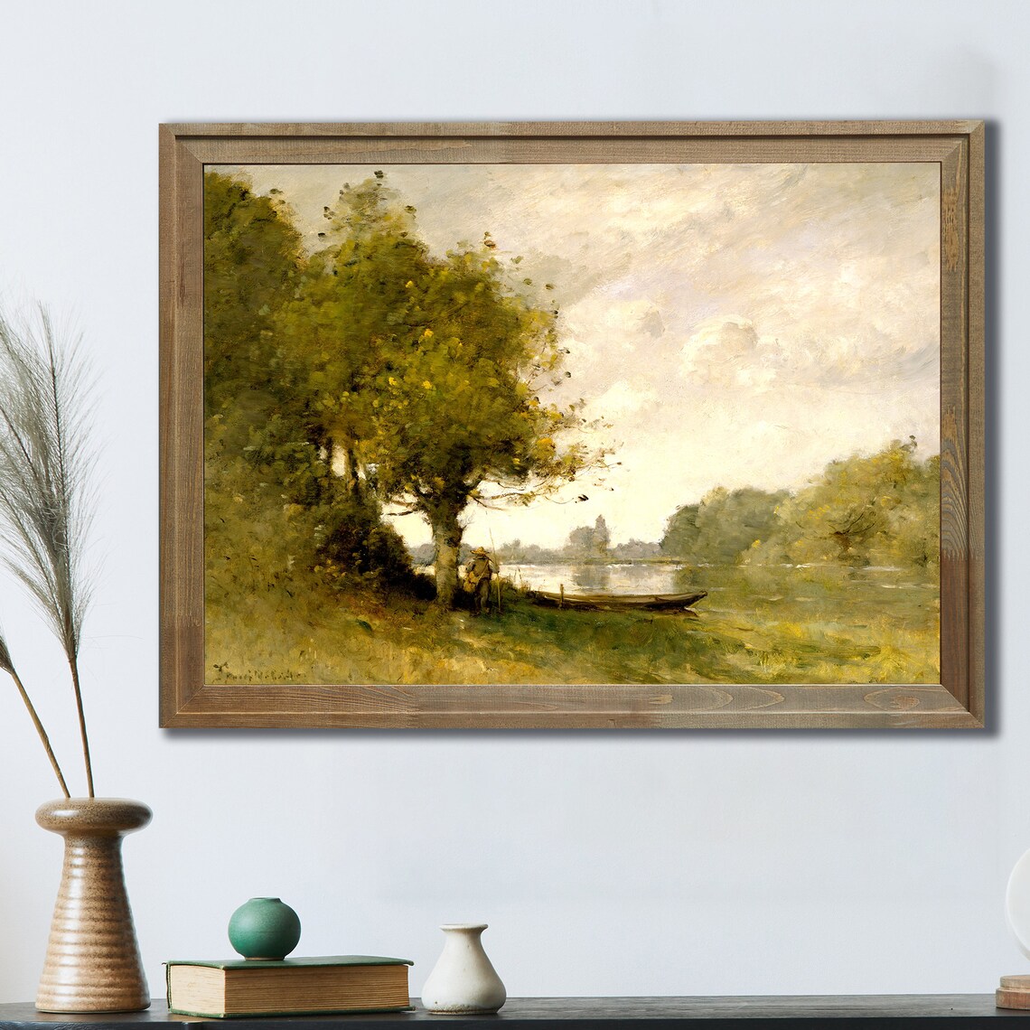 Vintage Oil Painting Lakeside Fisherman Big Tree Rowboat Art Poster - Image 3