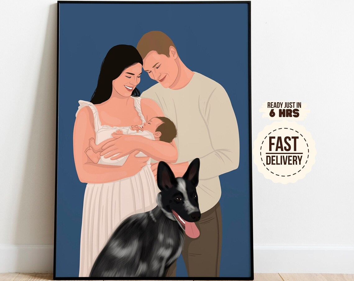 Custom Family Portrait Newborn Baby Black Dog Art Keepsake Print