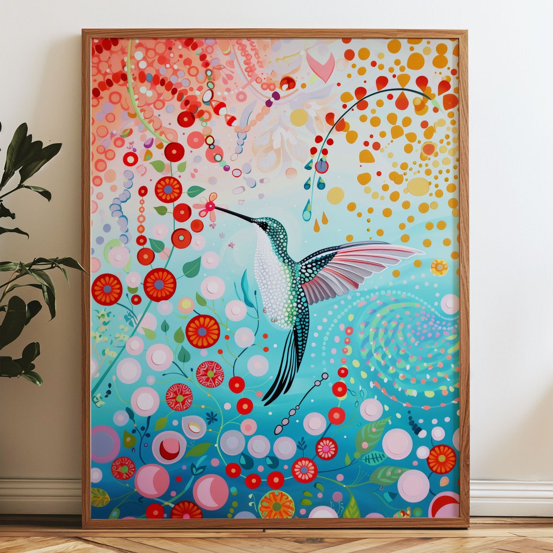 Hummingbird with Colorful Flowers Dot Pattern Art Poster Decor