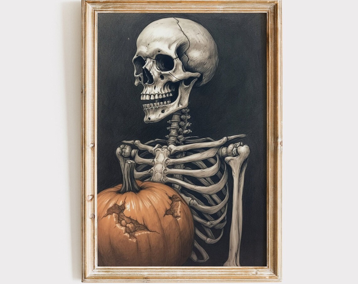 Skeleton Holding Pumpkin Moody Dark Vintage Halloween Sketch Decor Poster
