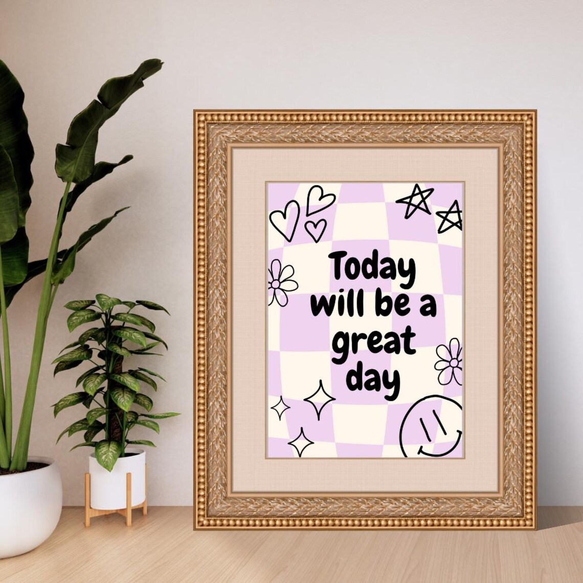 Today Will Be A Great Day Purple Checkered Doodle Quote Poster