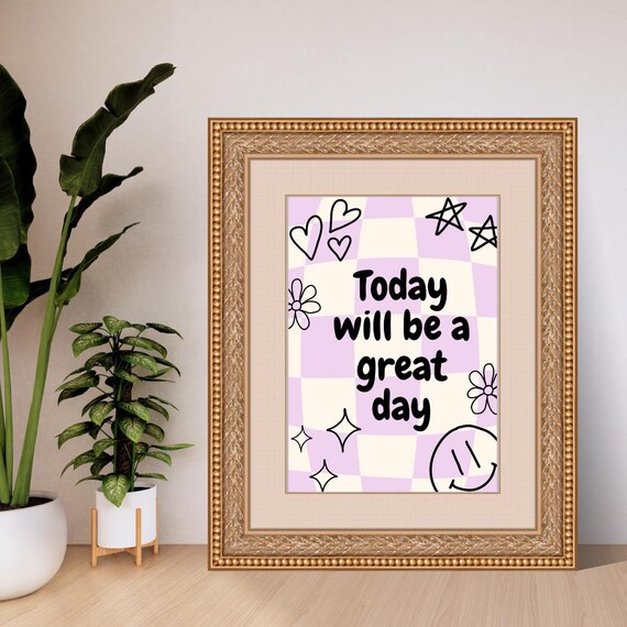Today Will Be A Great Day Purple Checkered Doodle Quote Poster