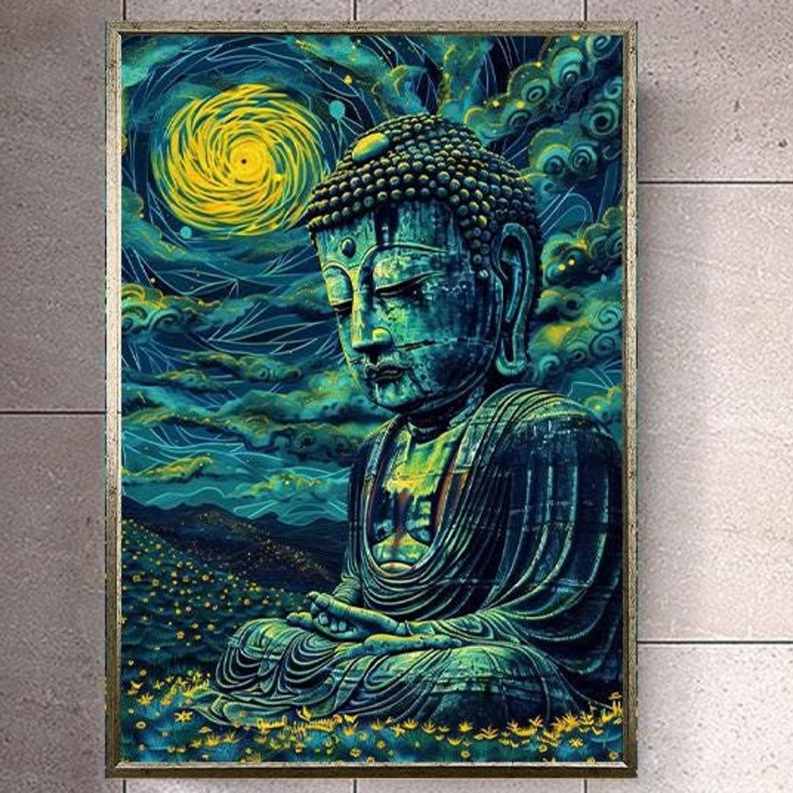 Meditating Buddha Under A Swirling Starry Moonlit Night Sky Art Poster