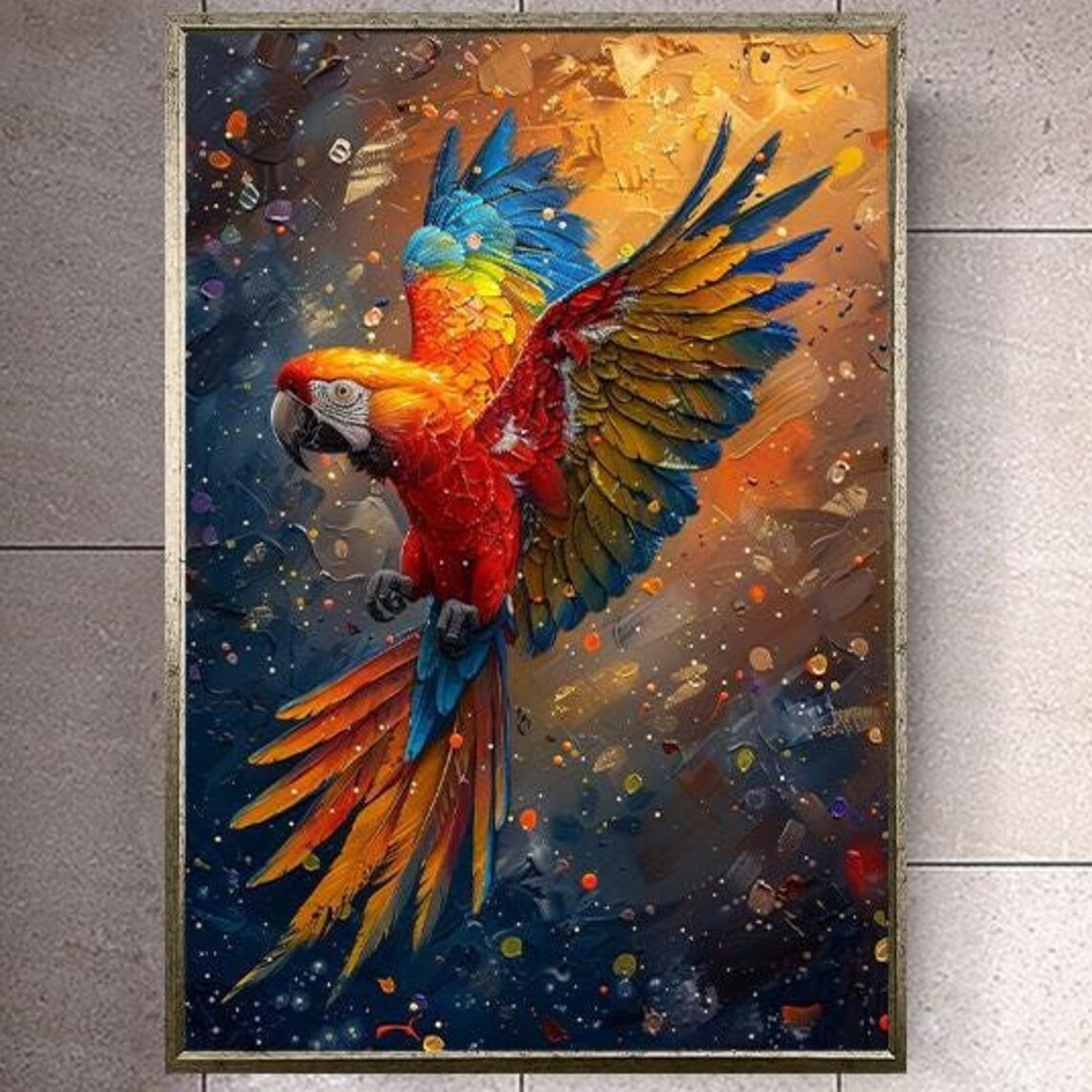 Scarlet Macaw Parrot Soaring in Flight Vibrant Bird Art Poster
