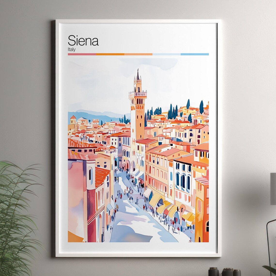 Siena Italy Travel Poster Watercolor Old Town Tower Street Scene
