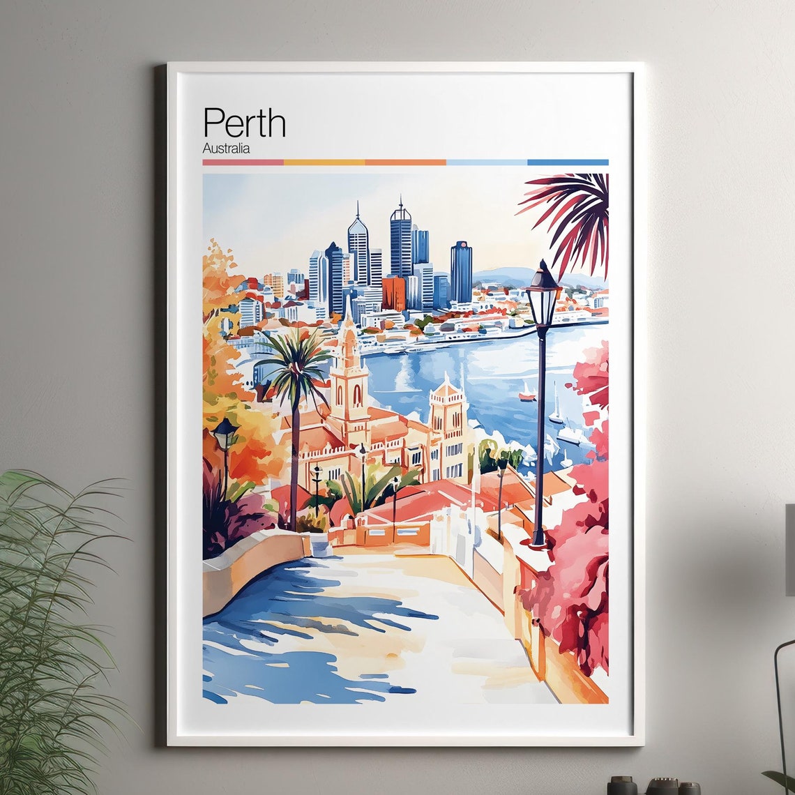 Perth Australia Skyline River City View Colorful Travel Poster Art