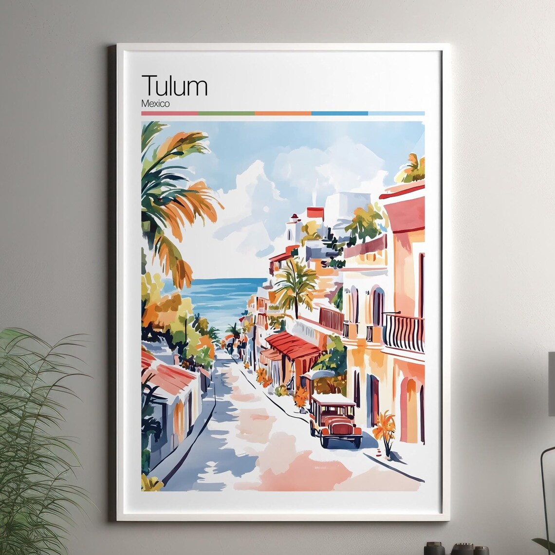 Tulum Mexico Beach Street Palm Trees Colorful Tropical Travel Poster