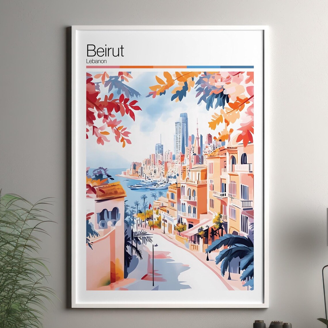 Beirut Lebanon Coastal City Skyline Travel Poster Watercolor Marina