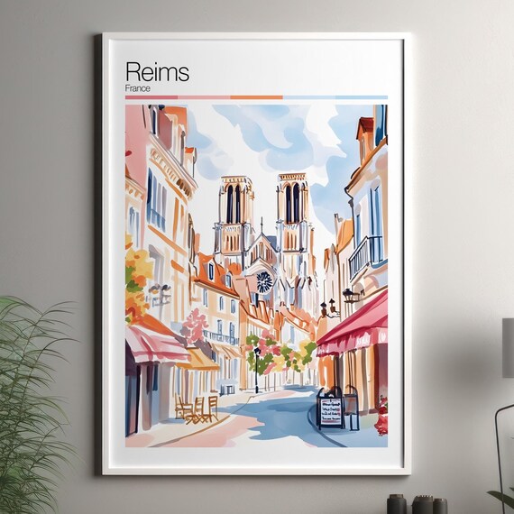 Reims France Travel Poster Watercolor Cathedral Cafe Street Scene