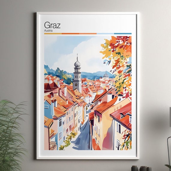 Graz Print Soft Colors Travel Poster Colourful Wall Art Austria City Decor For