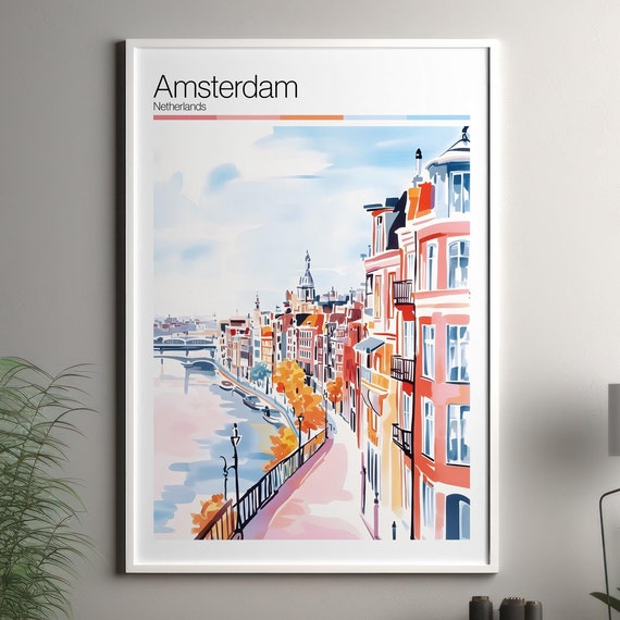 Amsterdam Print Soft Colors Travel Poster Colourful Wall Art Netherlands City Decor