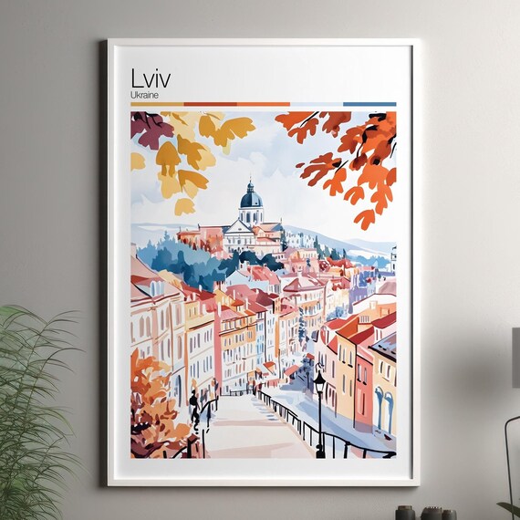 Lviv Ukraine Travel Poster Autumn Old Town Street Domed Church Cityscape Art