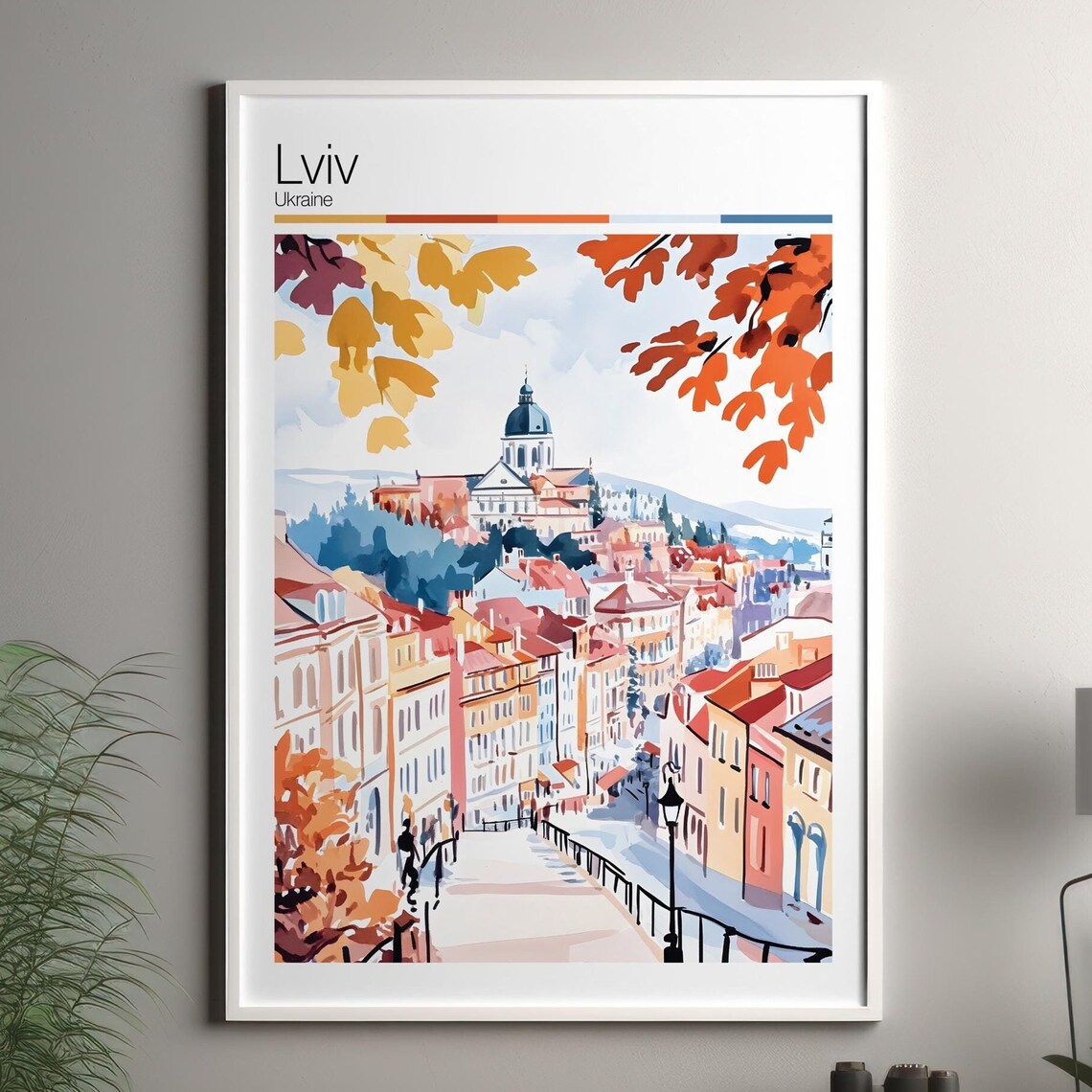 Lviv Ukraine Travel Poster Autumn Old Town Street Domed Church Cityscape Art