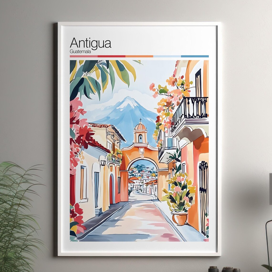 Antigua Guatemala Watercolor Travel Poster Arch Volcano Colonial Street Scene