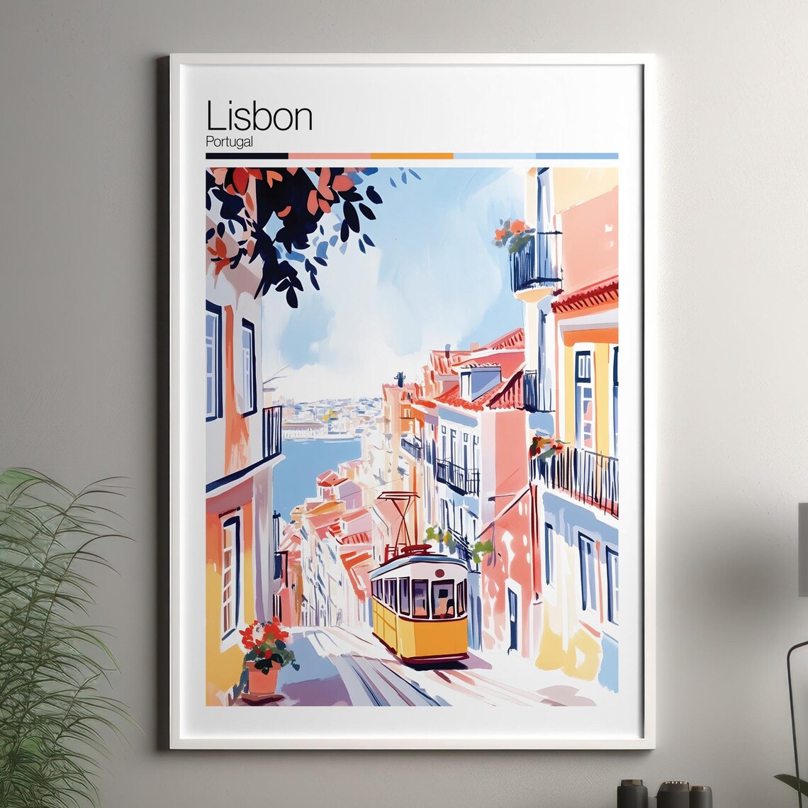 Lisbon Portugal Yellow Tram Steep Street Watercolor Travel Poster