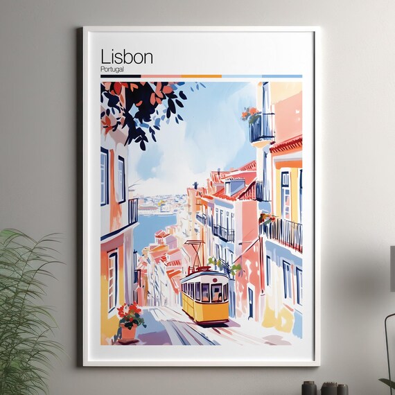 Lisbon Portugal Yellow Tram Steep Street Watercolor Travel Poster