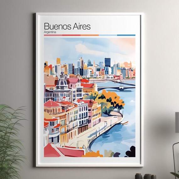 Buenos Aires Argentina Riverfront City Watercolor Travel Poster