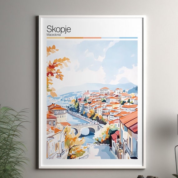 Skopje Print Soft Colors Travel Poster Colourful Wall Art North Macedonia City Decor For