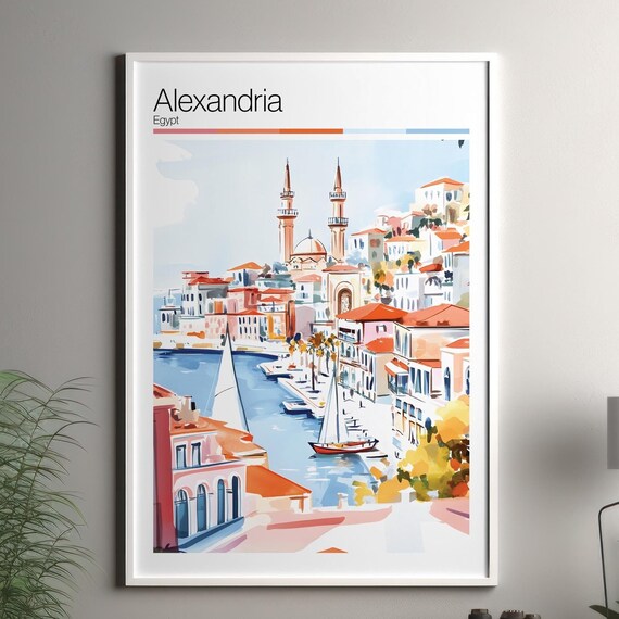 Alexandria Egypt Harbor Sailboats Mosque Watercolor Travel Poster