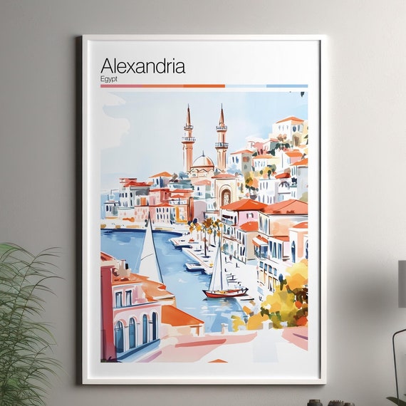 Alexandria Print Soft Colors Travel Poster Colourful Wall Art Egypt City Decor For