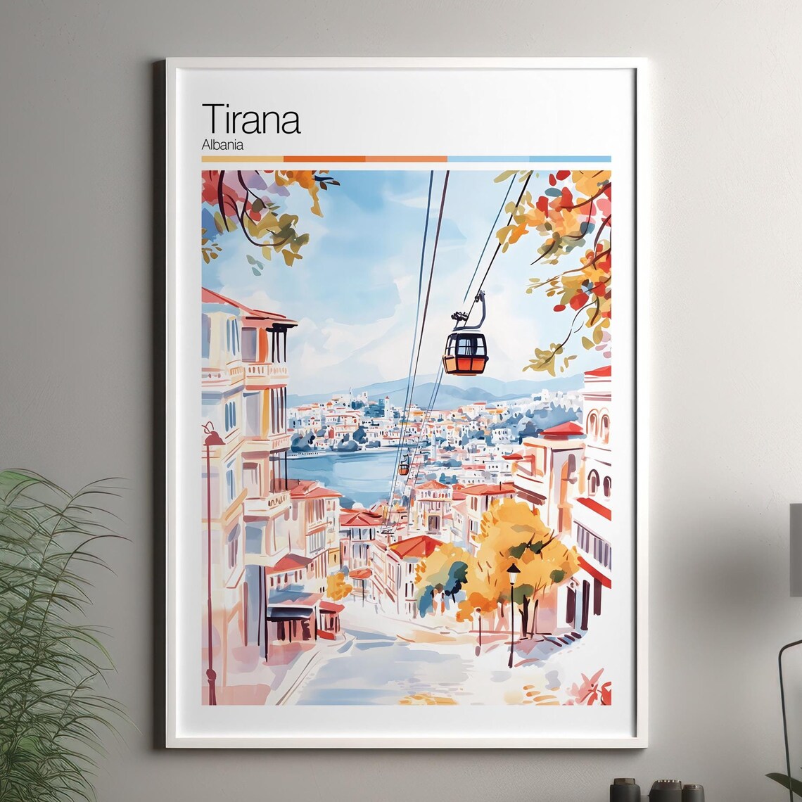 Tirana Albania Cable Car Watercolor City View Mountain Skyline Travel Poster