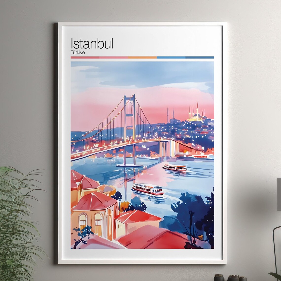 Istanbul Turkiye Bosphorus Bridge Night Lights Travel Poster Watercolor