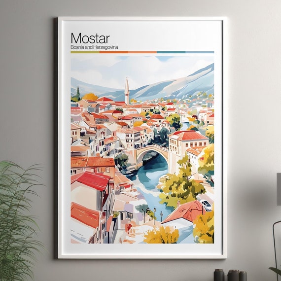 Mostar Print Soft Colors Travel Poster Colourful Wall Art Bosnia And Herzegovina City Decor