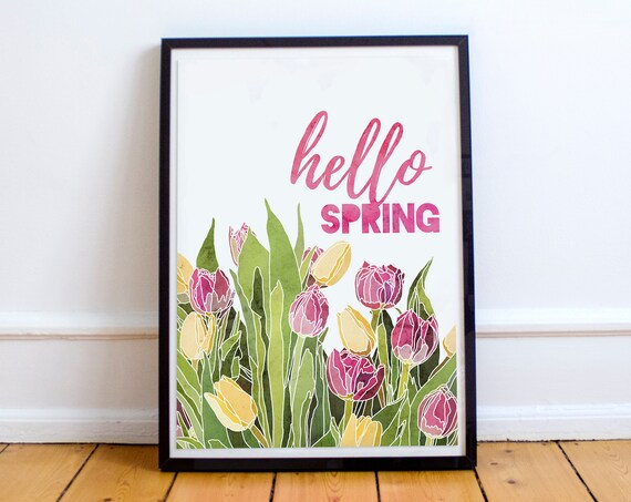 Hello Spring Watercolor Tulip Bouquet Pink Yellow Floral Poster