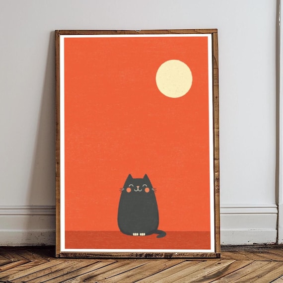 Cute Black Cat Under A Bright Big Moon Orange Night Sky Art Print
