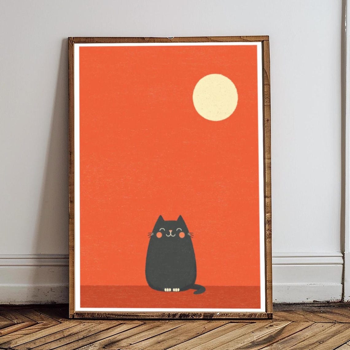 Cute Black Cat Under A Bright Big Moon Orange Night Sky Art Print