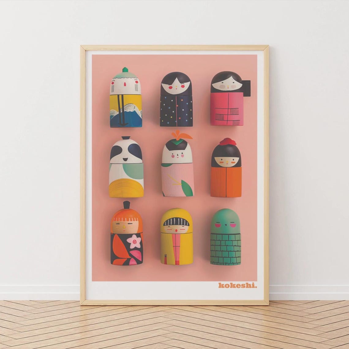 Kokeshi Dolls Colorful Japanese Toy Kids Room Decorative Wall Art