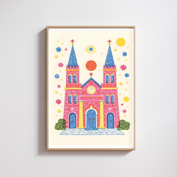 Pink Church With Blue Spires Stars Naive Christian Folk Art Print