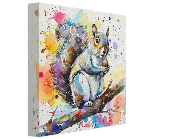 Cute Squirrel With Nut Watercolor Paint Splash Woodland Wall Poster