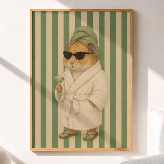 Spa Hamster Martini Print Sage Green Bathroom Poster Quirky Animal Art Digital Download