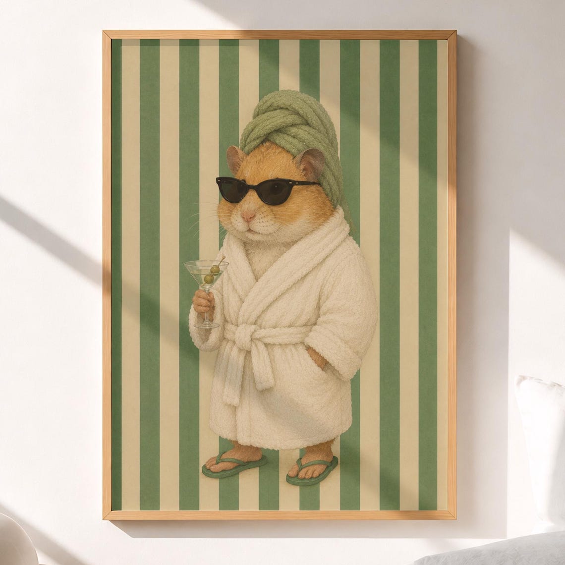 Spa Hamster Martini Print Sage Green Bathroom Poster Quirky Animal Art Digital Download