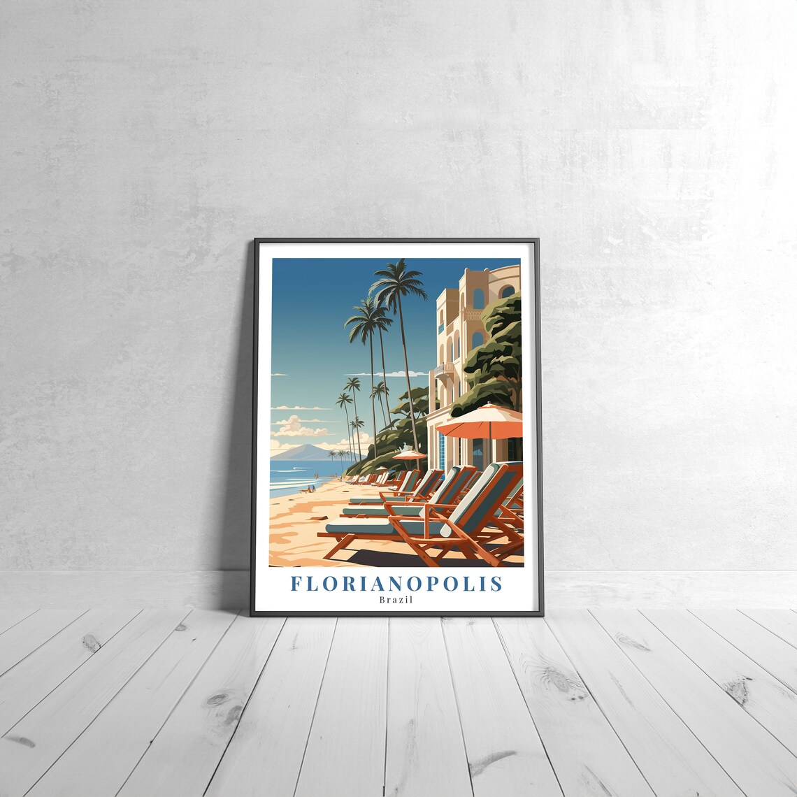Florianopolis Brazil Vintage Travel Poster Beach Palm Trees Resort Scene