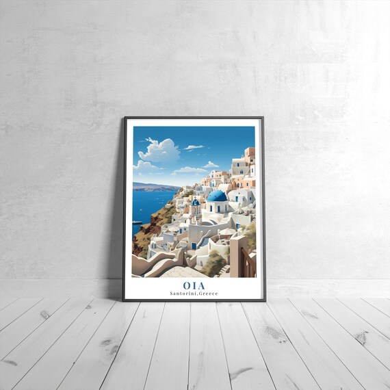 Oia Santorini Greece Vintage Travel Blue Dome Island Village Scenic Poster
