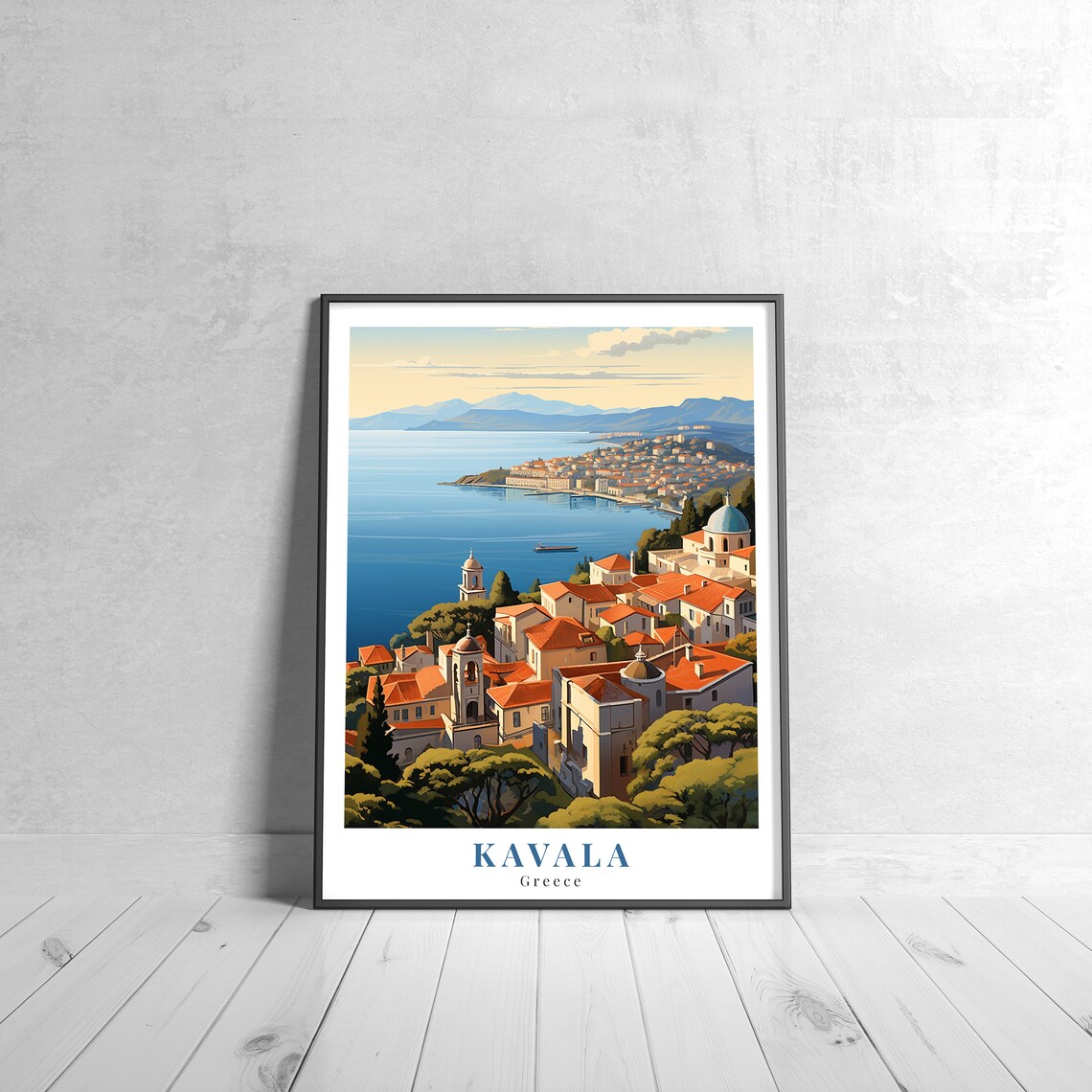 Kavala Greece Hillside Town Red Roofs Bay Vintage Travel Poster