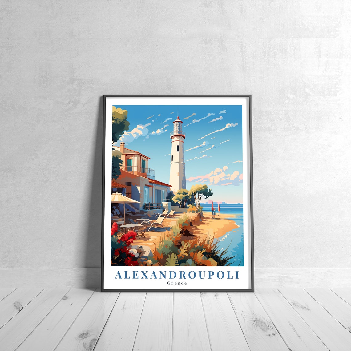 Alexandroupoli Greece Beach Lighthouse Vintage Travel Poster